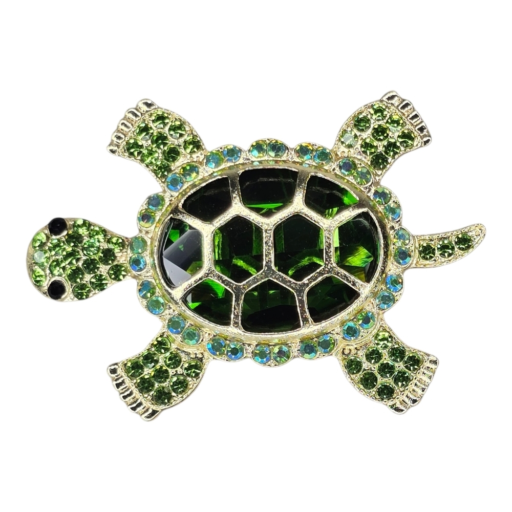 Green Turtle Rhinestone Brooch Pin Sea Coastal Beach Ocean Animal Glam Diva Glam